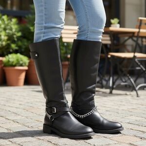 ENZO ANGIOLINI Size 8.5 Black Moto Riding Boots Silver Zipper Chains